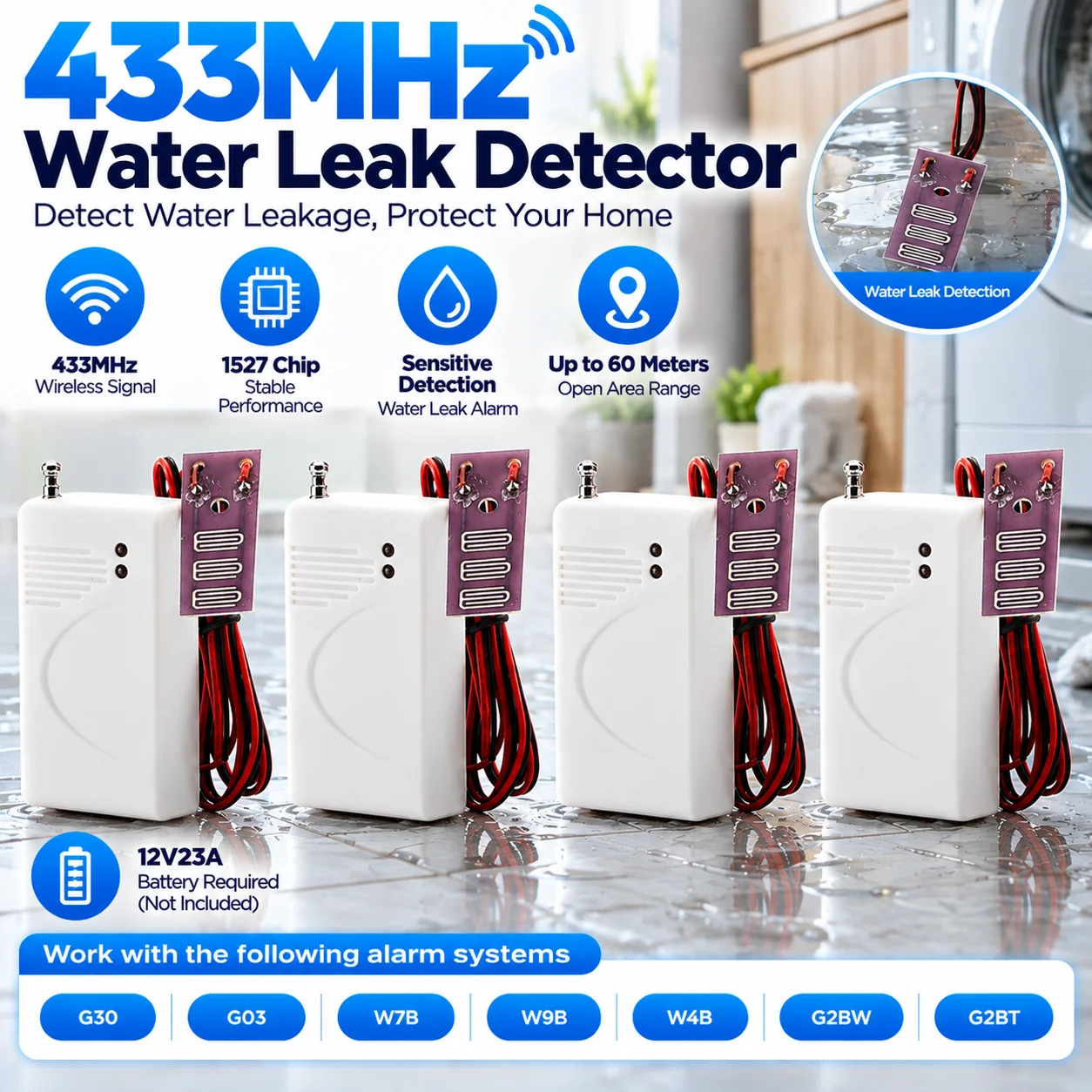 433mhz Water Leakage Alarm Detector Water Alarm Leak Sensor Detection Flood Alert Overflow For Security WIFI GSM Alarm System