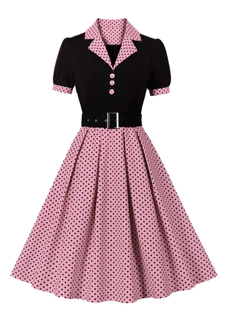 2024 New Fashion Polka Dot Vintage Pleated Dresses Retro Notched Collar Elegant Summer Women Short Sleeve Belted 1950s 60s Dress — zdjęcie 2