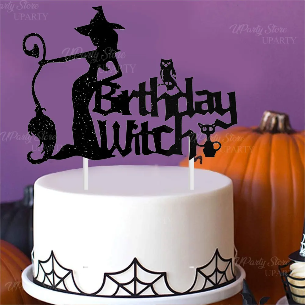 Hexengeburtstagstorte Topper Glitzer Schwarz Alles Gute zum Geburtstag Hexenkuchendekorationen für Hexengottes Geburtstag Halloween Party Dekor – Detail 6