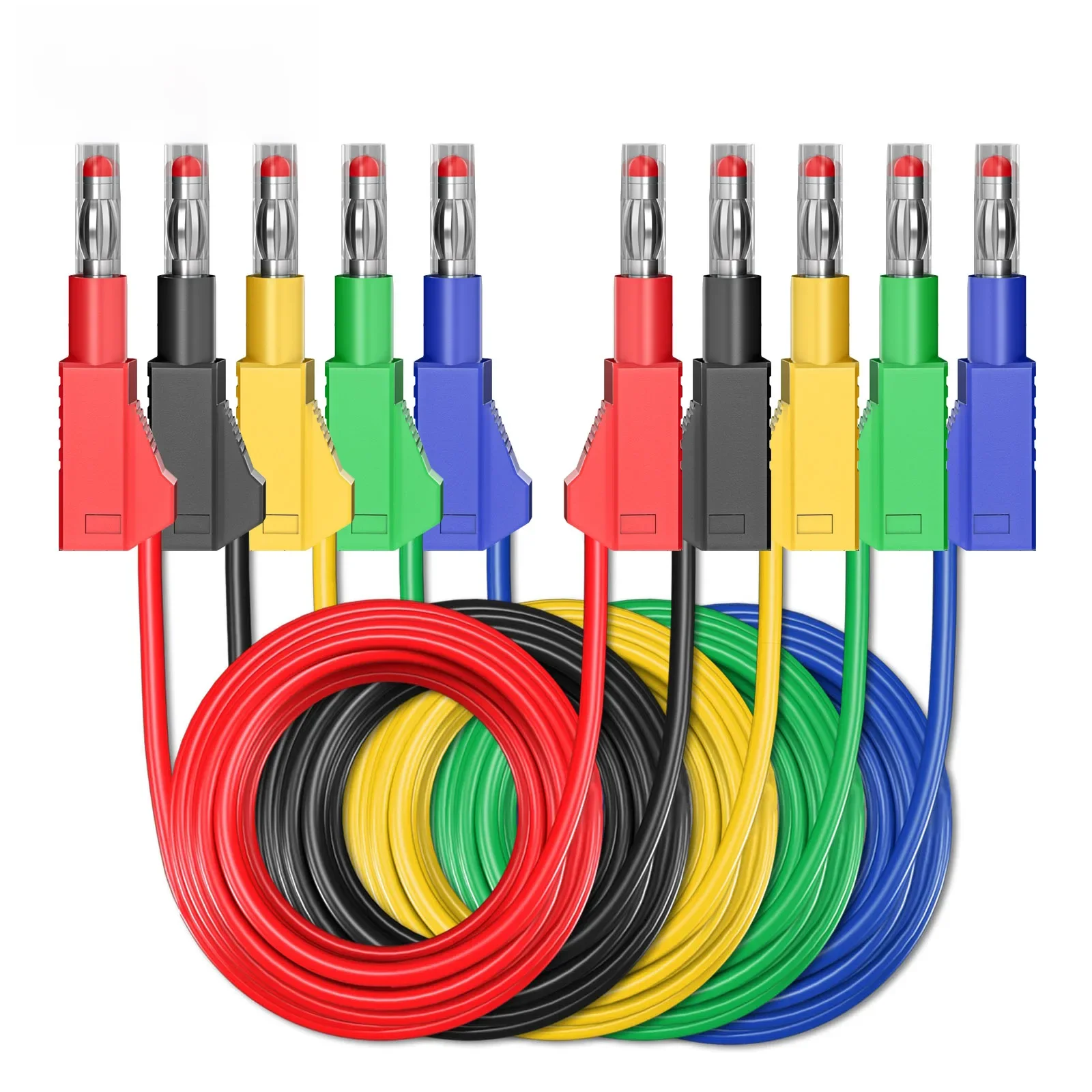 Cleqee 5 Stück 4 mm einziehbarer Bananenstecker auf Bananenstecker, Multimeter-Messleitungen, 100 cm, weiches Kabel, Draht, elektrische Leitung, DIY-Werkzeug