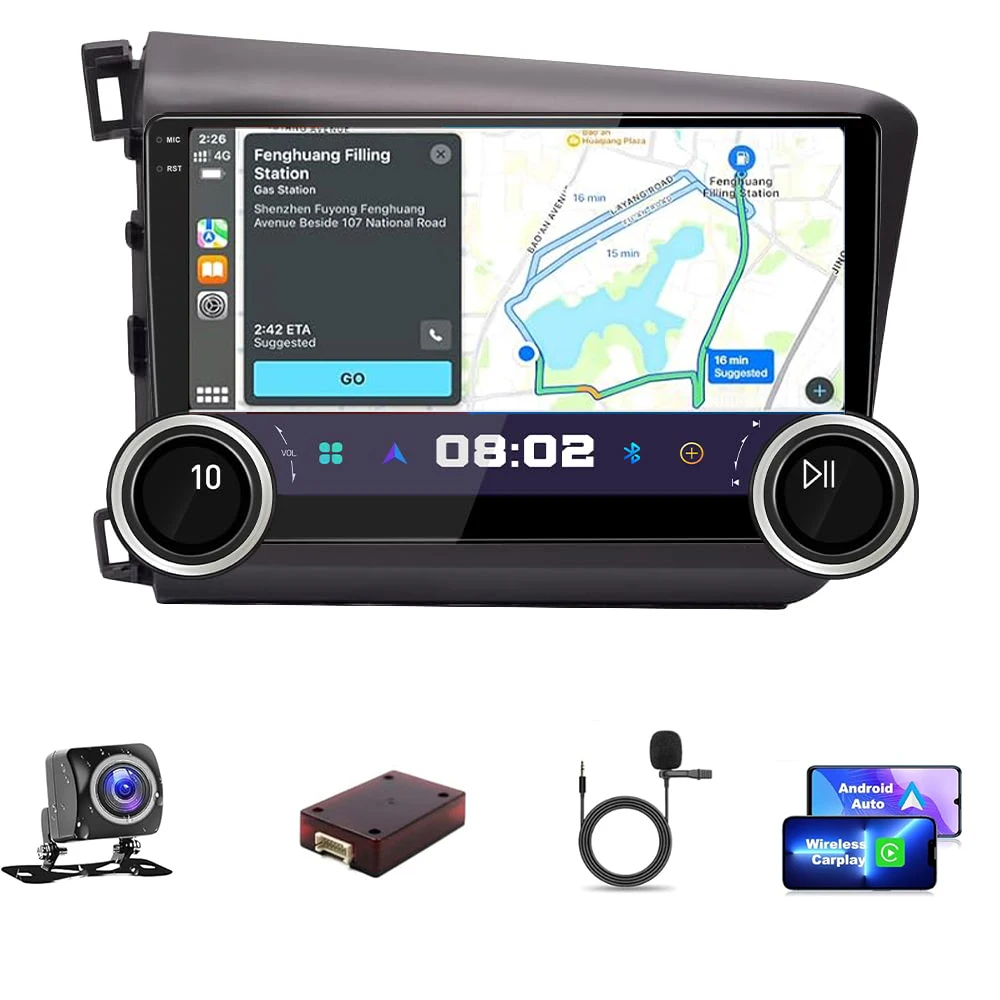 10.1 Inch Dual Knobs Car Stereo for【Honda Civic 2012 2013 2014 2015】Wireless Carplay& Android Auto Radio Touch Screen Support BT