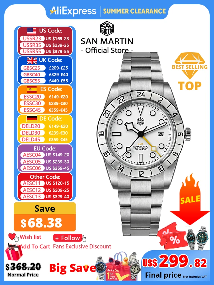 San Martin Upgraded 38.3mm BB GMT Hangzhou 6460 Men Automatic Mechanical Watches Sport Sapphire Luminous Waterproof 100m SN0054