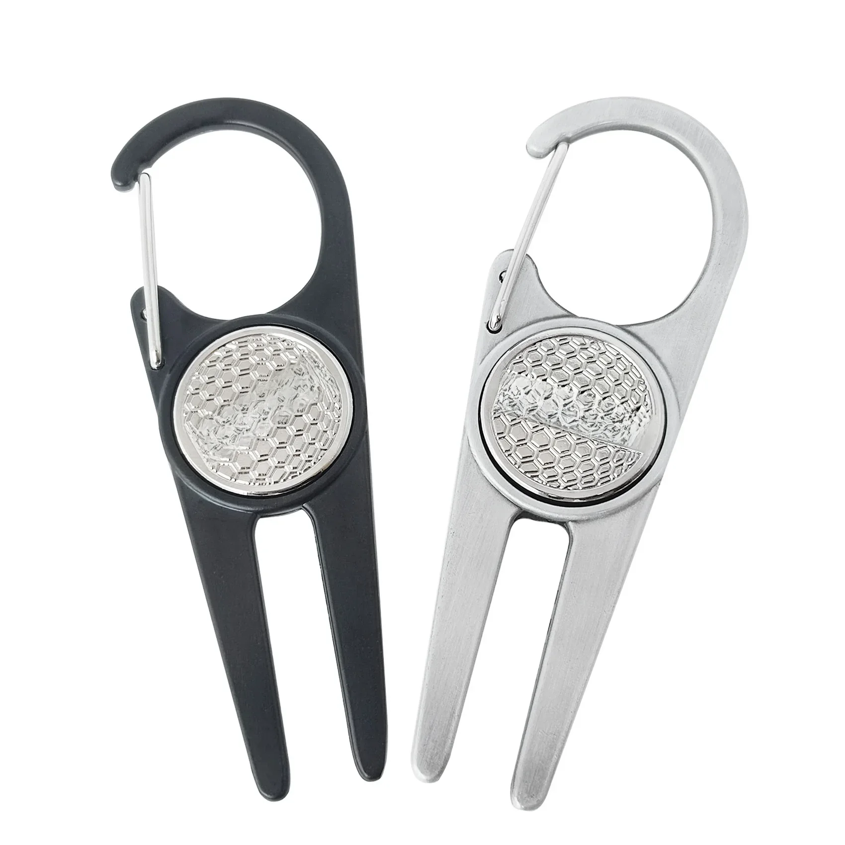 GVOVLVF Przenośne narzędzie do naprawy rowków golfowych Pitch Cleaner Golf Matte Effect Pitchfork Slivery and Black z zapięciem do znaków golfowych — zdjęcie 2