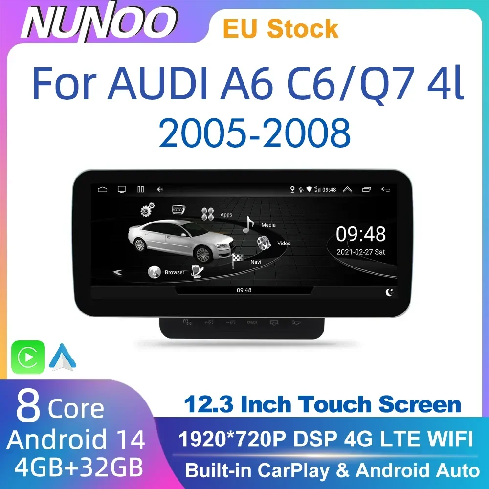 Android 14 Car Carplay Screen For Audi Q7 4L For Audi A6 C6 2005-2008 GPS Navigation Multimedia Player Stereo Radio