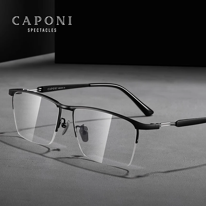 

CAPONI Memory Titanium Men's Glasses Frame Semi-Rimless Business Eyeglasses For Male Expandable Arm Brand Optical Glasses JF5951