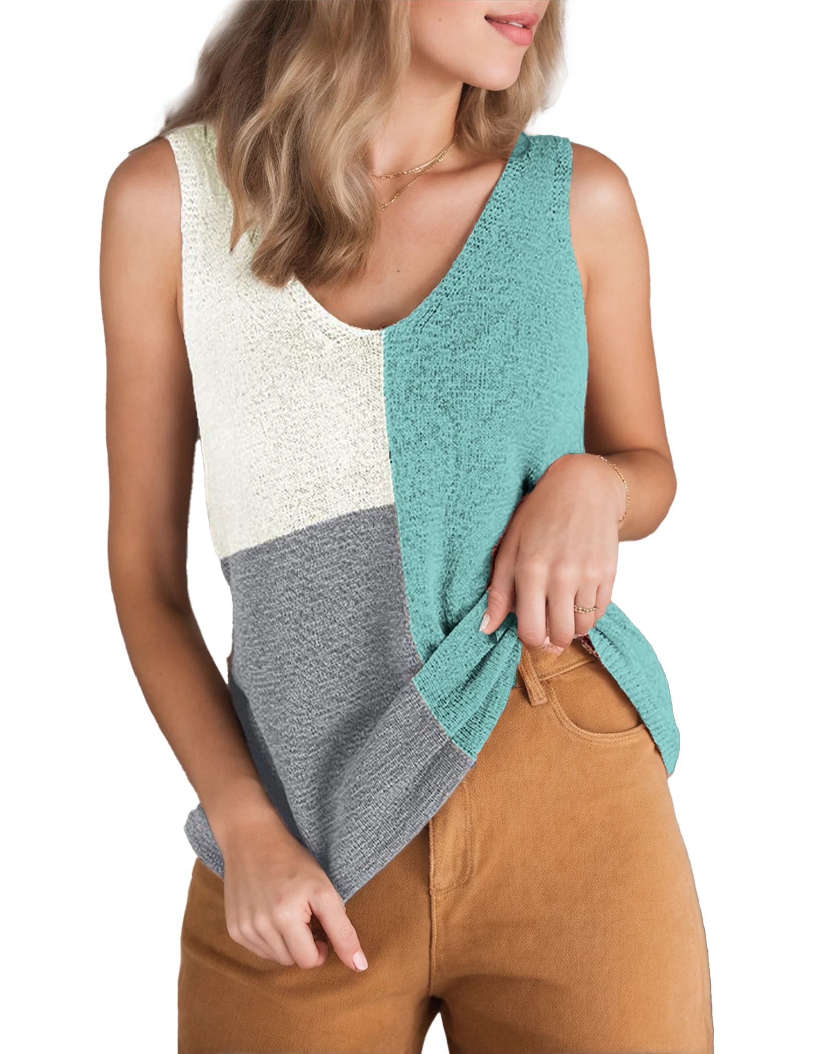 เสื้อกล้ามถักสำหรับผู้หญิง คอวี แขนกุด สำหรับใส่ไปเที่ยวทะเล ลายทางสีสันสดใส สไตล์ลำลอง