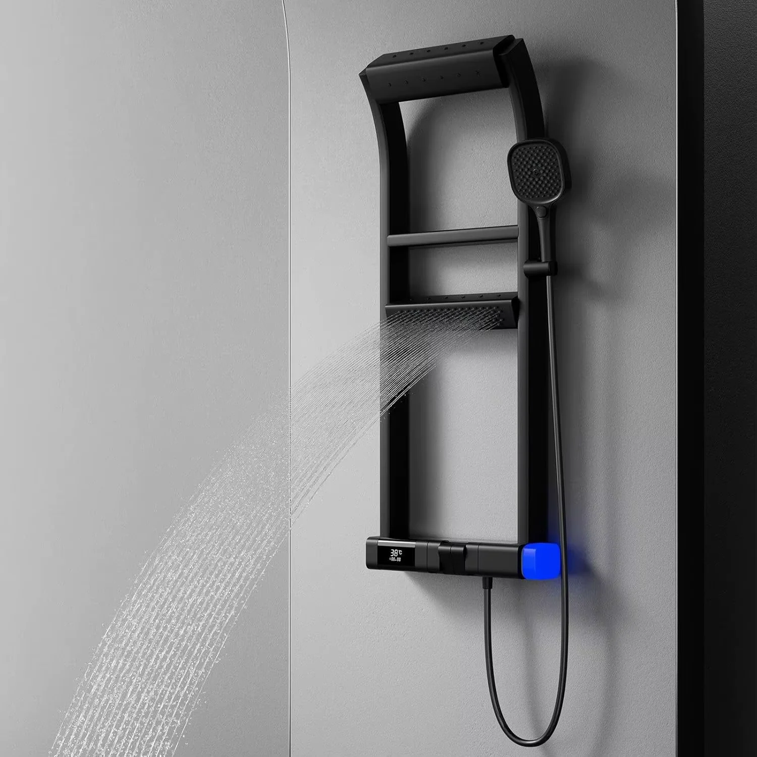 Zwarte multifunctionele douchesysteem badkamer wandgemonteerde thermostaat digitale waterval douchekraan display kolom doucheset