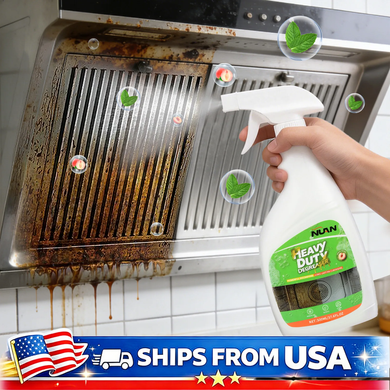 Limpiador Desengrasante de Grasa para Campanas de Cocina, Spray Desengrasante de Alta Resistencia para Estufas, Hornos, Campanas Extractoras y Placas de Cocción, Elimina Manchas de Grasa Rápidamente