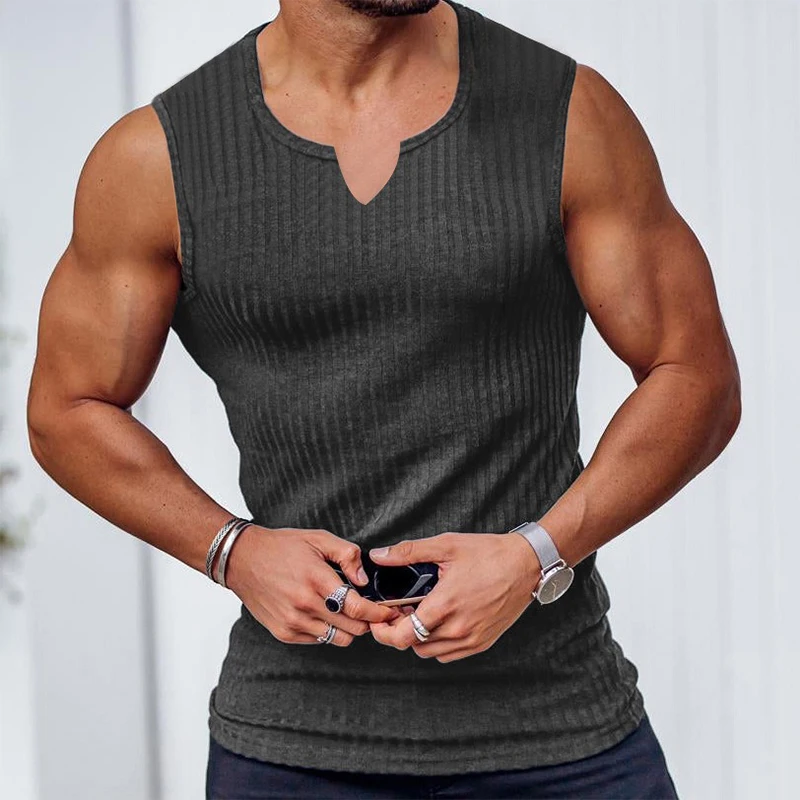 Men\'s Knitted Tank Top Summer Fitness Sports Vertical Stripe Pullover Top H-shaped V-neck Wide Shoulder Casual Slim Fit Tank Top