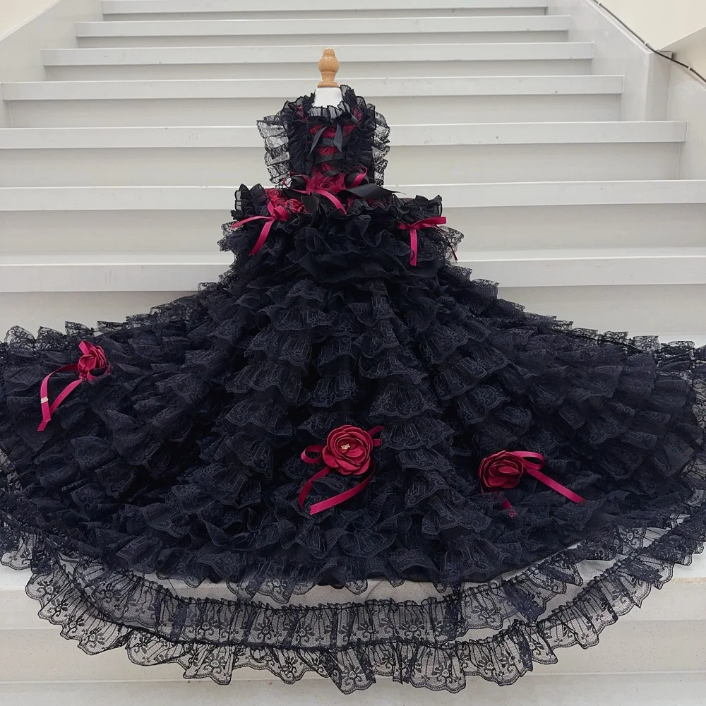 Handmade Gothic Black and Red Floral Detachable Skirt Pet Trailing Dress Luxurious Rose Lay Lace Dog Gown Wedding Party Holiday