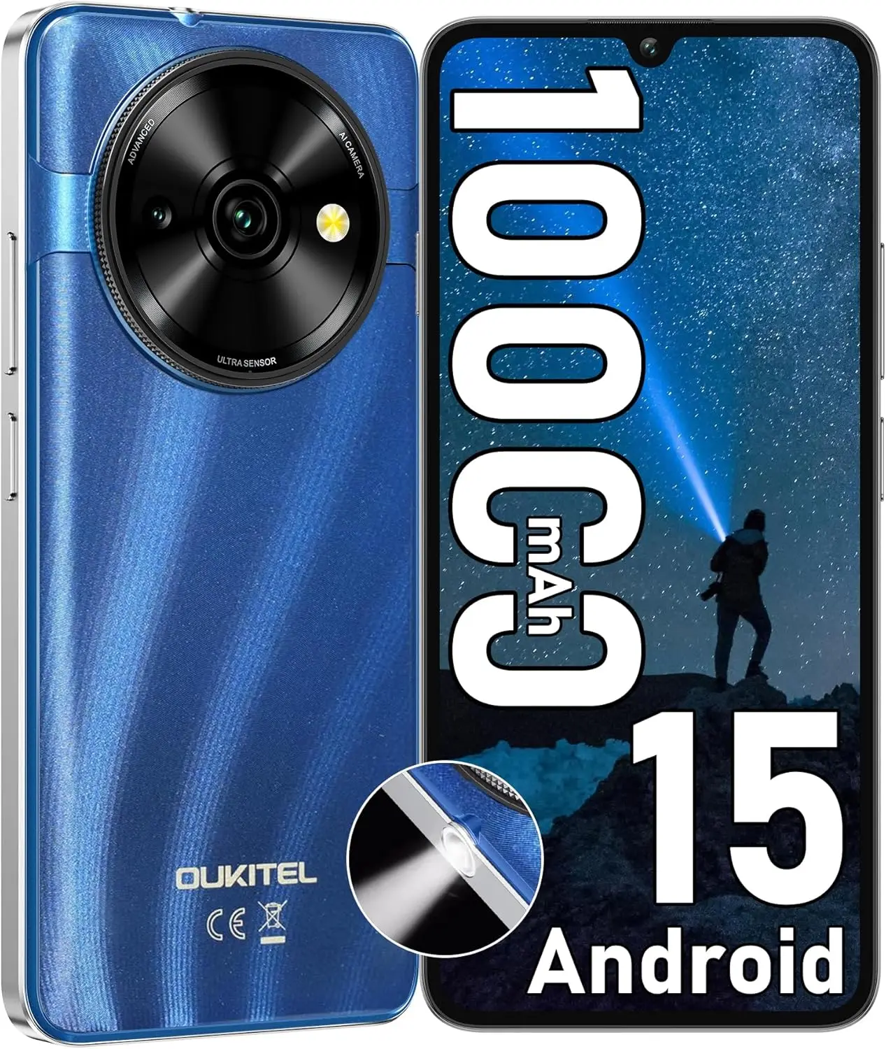 T�l�phone portable OUKITEL C59 Android 15 d�bloqu�, batterie 2025-10000mAh, �cran 6.88'', lampe torche 120LM, smartphone 16GB + 128GB/TF 1TB