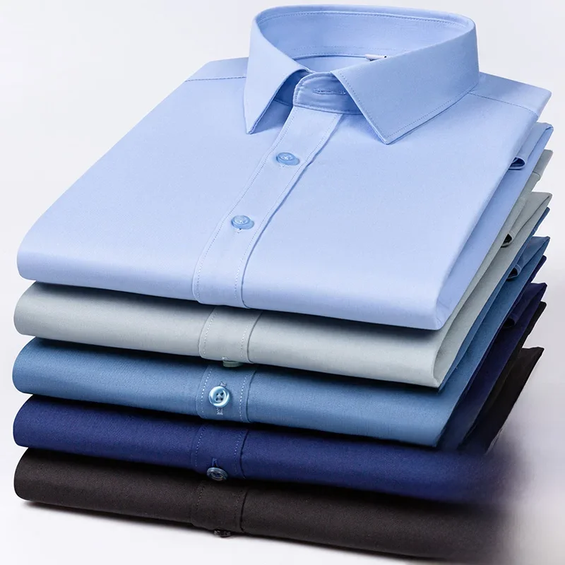 Chemise extensible en Fiber de bambou pour hommes, manches longues, Anti-rides, sans repassage, Slim, mode décontractée, bureau d'affaires, blanche