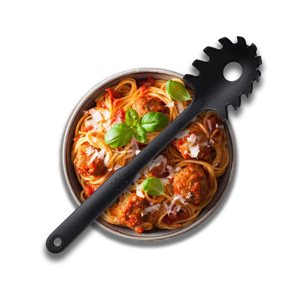 Cuchara para Pasta de nailon sin BPA, cucharón de fideos de cocina de calidad alimentaria, cuchara para servir Pasta negra, cuchara para fideos para cocinar