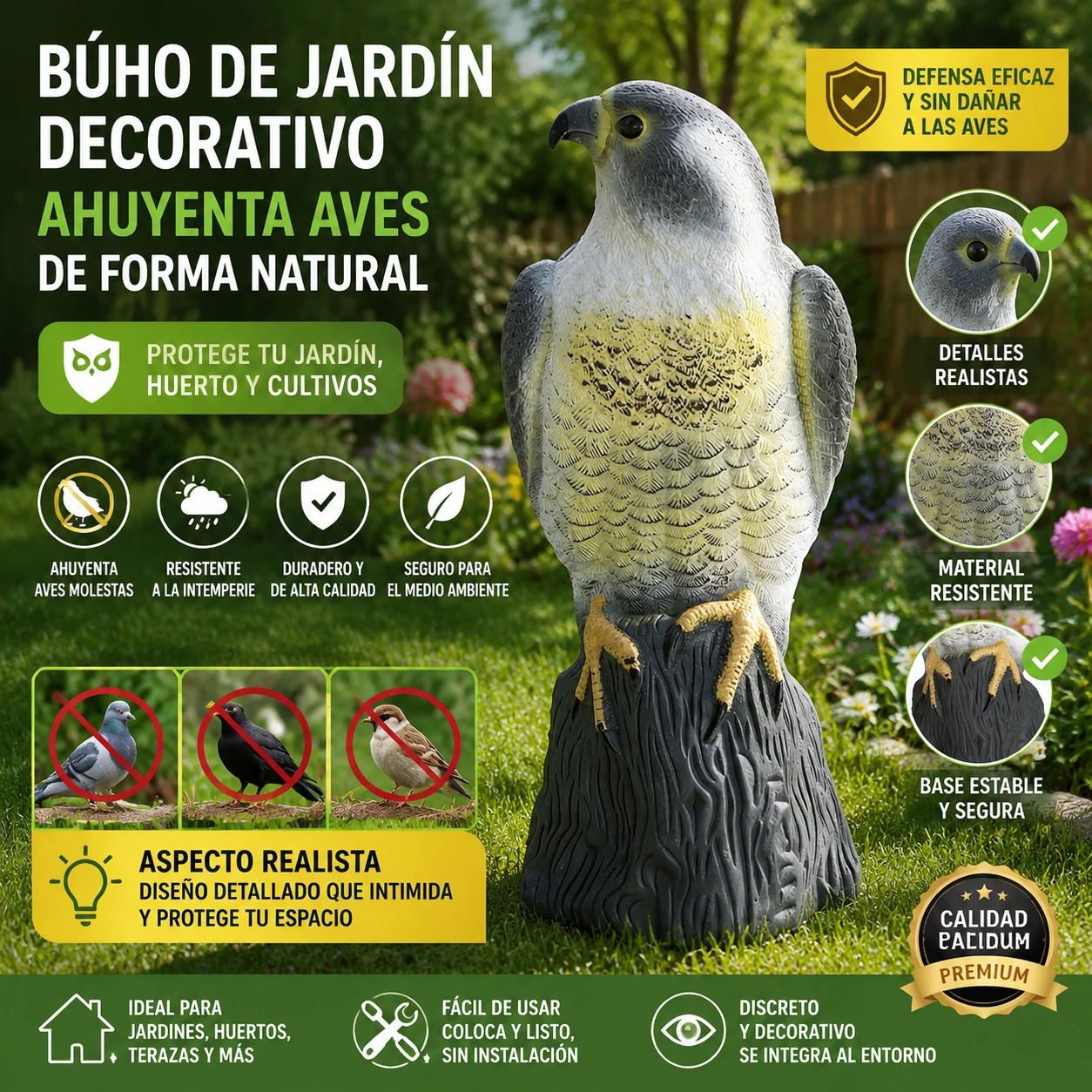 Figurine réaliste de hibou-faucon, dissuasif pour oiseaux, hauteur 40 cm, décoration de jardin extérieur, résistant aux UV, imperméable, répulsif pour oiseaux pour jardin, terrasse, balcon, culture