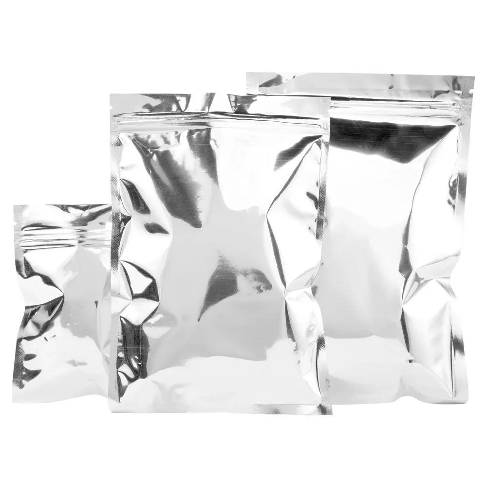 100 szt. Srebrnych Torebek z Folii Aluminiowej z Zamknięciem Strunowym, Aluminiowane Torebki Mylarowe z Zamkiem Błyskawicznym do Pakowania Odzieży / Przekąsek, Bezpieczne dla Żywności — zdjęcie 2