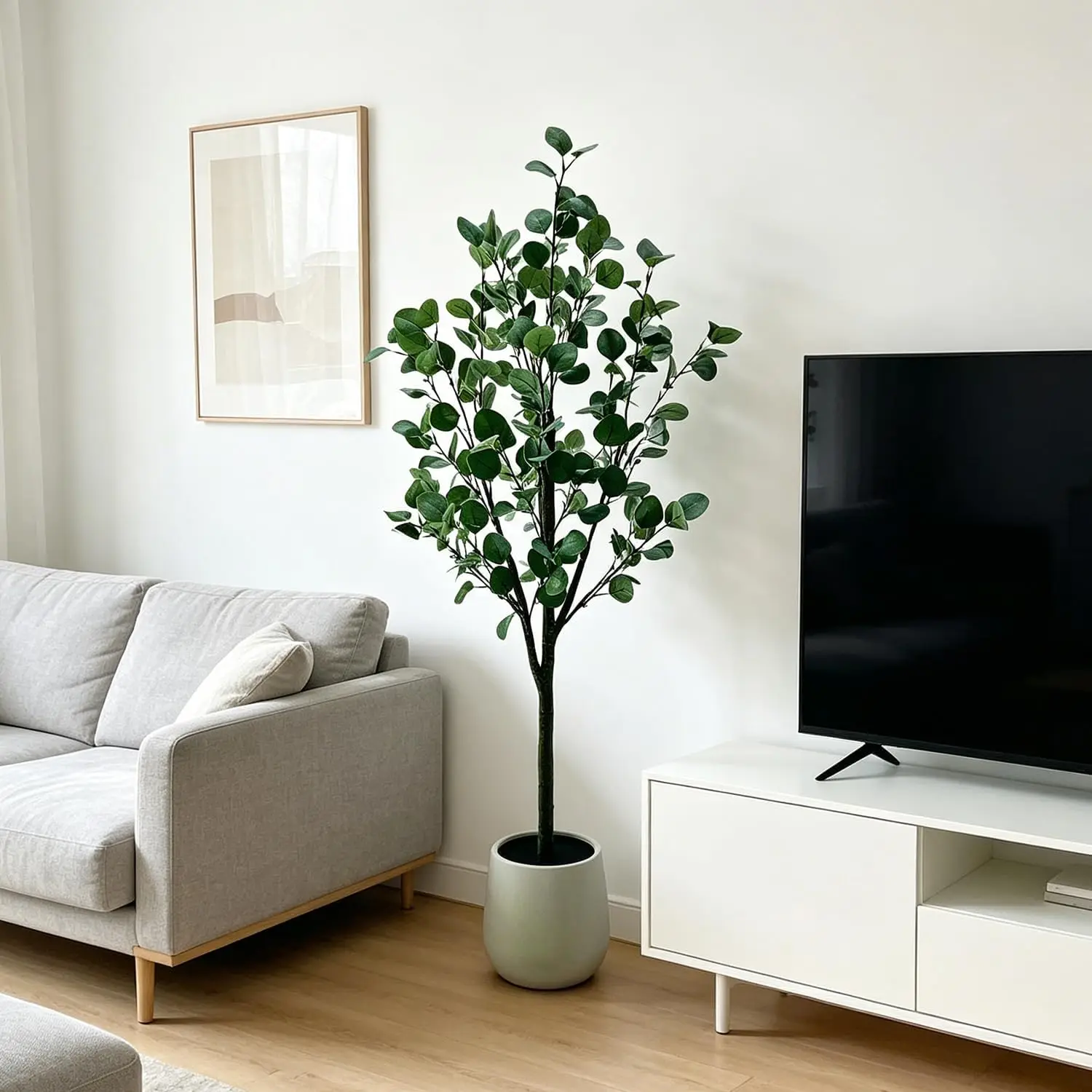 Arbre d'eucalyptus artificiel - Feuilles vertes réalistes, tige naturelle, entretien facile, plante décorative, pot blanc, décoration élégante pour salon, chambre, bureau - 180 cm
