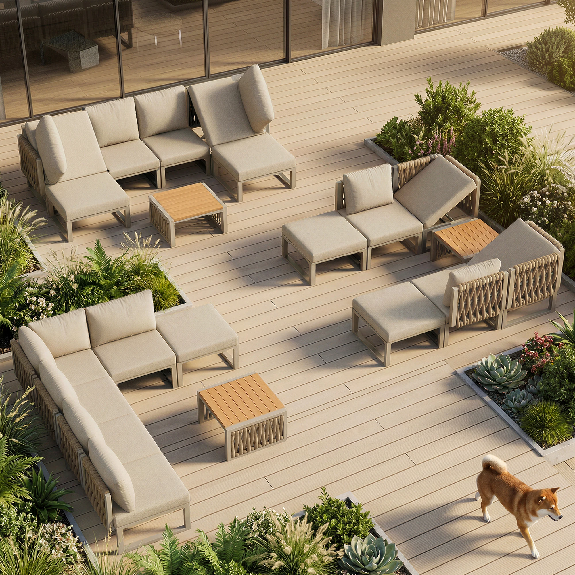 Ensemble de meubles de jardin avec coussins de qualité supérieure, chaises longues pour 6 personnes, chaise longue double d'extérieur, angle de dossier réglable, beige