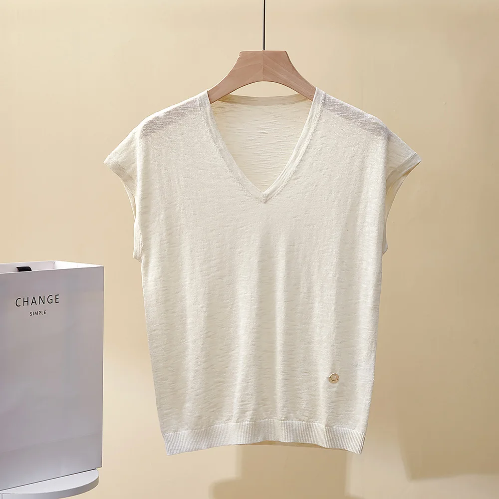 Gilet tricoté en lin pour femmes, nouveau haut d'été, col en v, ample et élégant