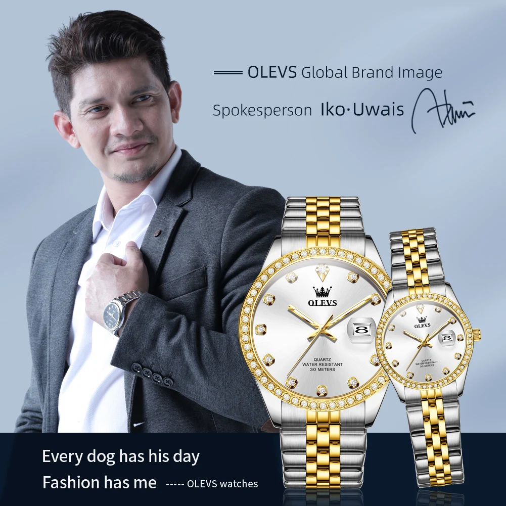 OLEVS 3629 مجموعة ساعات كوارتز فاخرة للزوجين مقاومة للماء ساعة يد مضيئة للتاريخ Reloj هدايا للأزواج