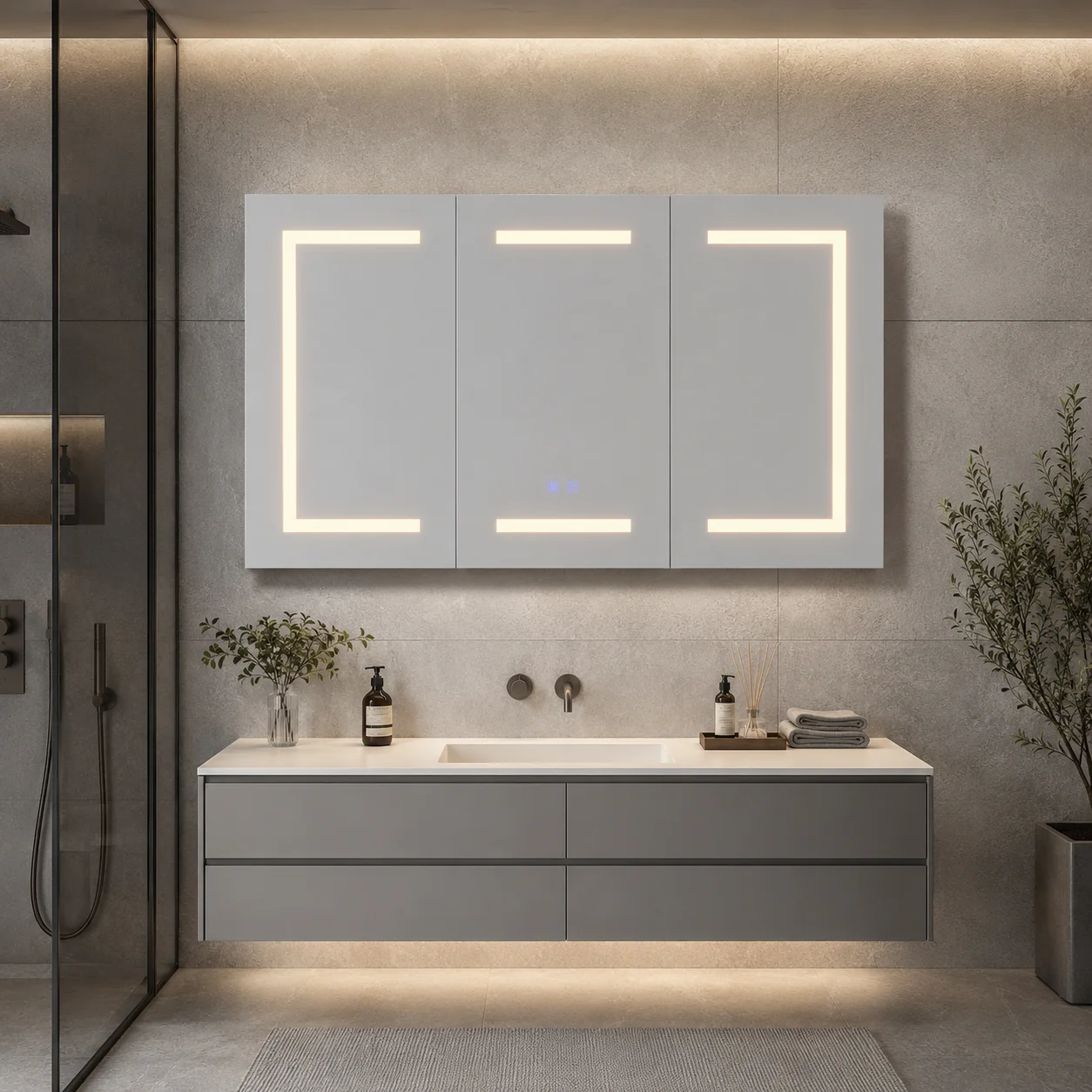 LED bathroom mirror cabinet with anti-fog function, three-color lighting, European standard socket, adjustable shelves, and wall-mounted bathroom medicine cabinet