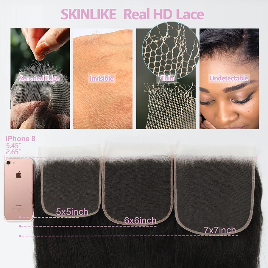 SKINLIKE-HD Lace frontal derreter peles, em linha reta, invisível, onda profunda, Kinky encaracolado, onda de água cabelo humano, apenas