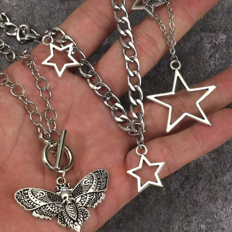 3Pcs Gothic Pendant Necklace Set Skeleton Moth Hollow Star Flip OT Buckle Thick Edge Chain Necklace Dark Aesthetic Jewelry