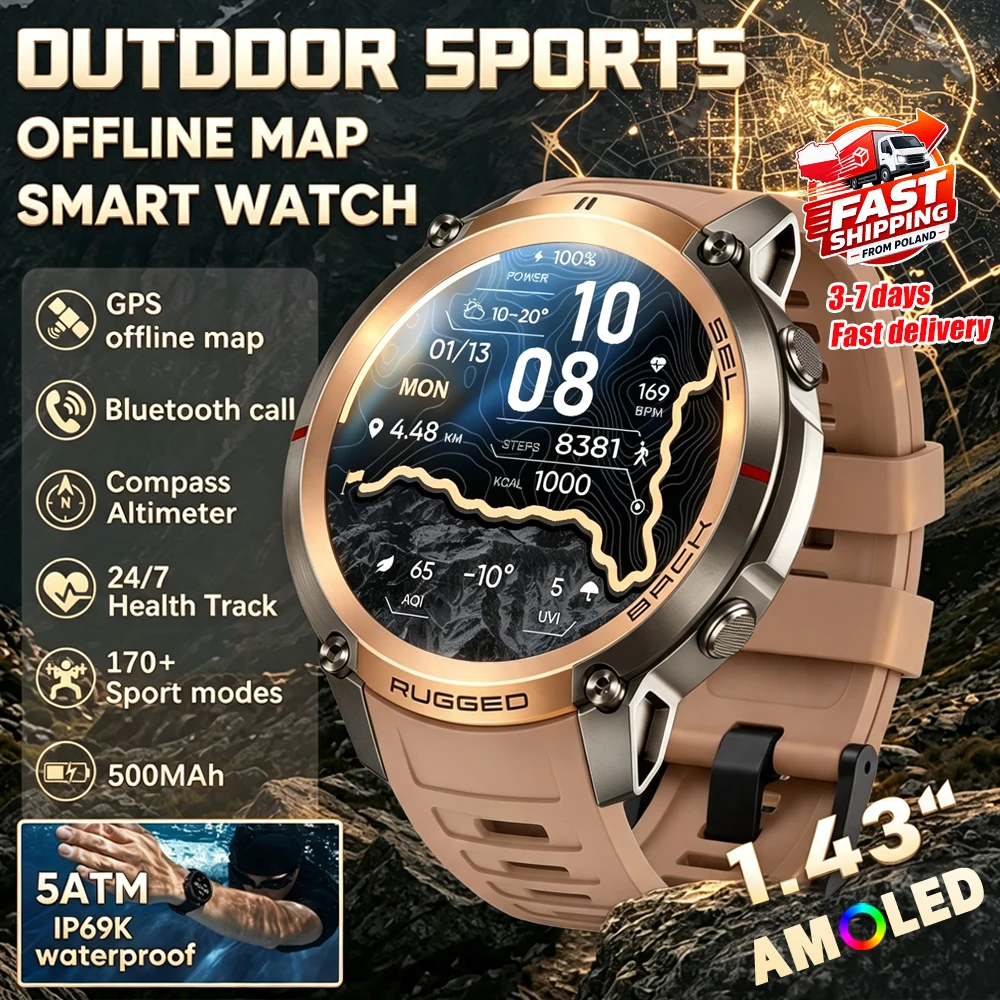 Nouvelle montre connectée GPS 2026 avec carte hors ligne, boussole intégrée, altimètre, étanche 5 ATM pour la natation, montre connectée tactique sportive, écran AMLED 1,43 pouces, appels Bluetooth, pour hommes