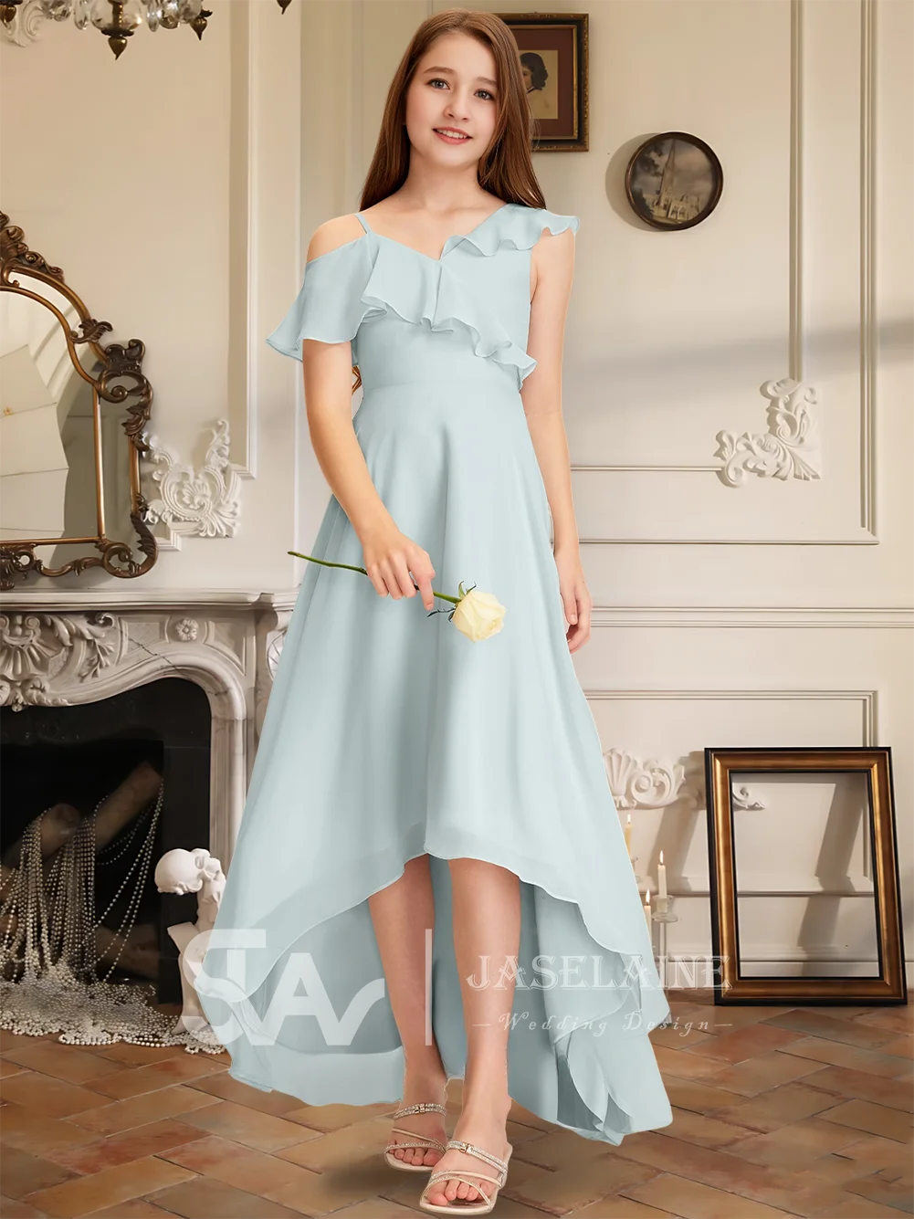 Элегантное асимметричное шифоновое платье трапециевидной формы для подружек невесты цвета слоновой кости, платье с цветочным узором для девочек, официальное свадебное платье для особых случаев