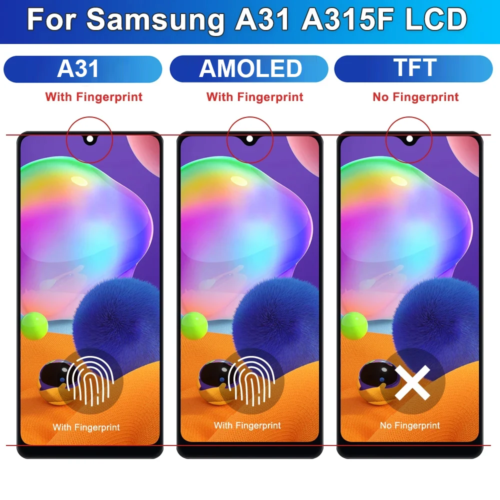 A31 AMOLED TFT Screen For SAMSUNG GALAXY A31 A315 LCD Display SM-A315F A315F/DS A315G Touch Screen Replacement Digitizer +Frame