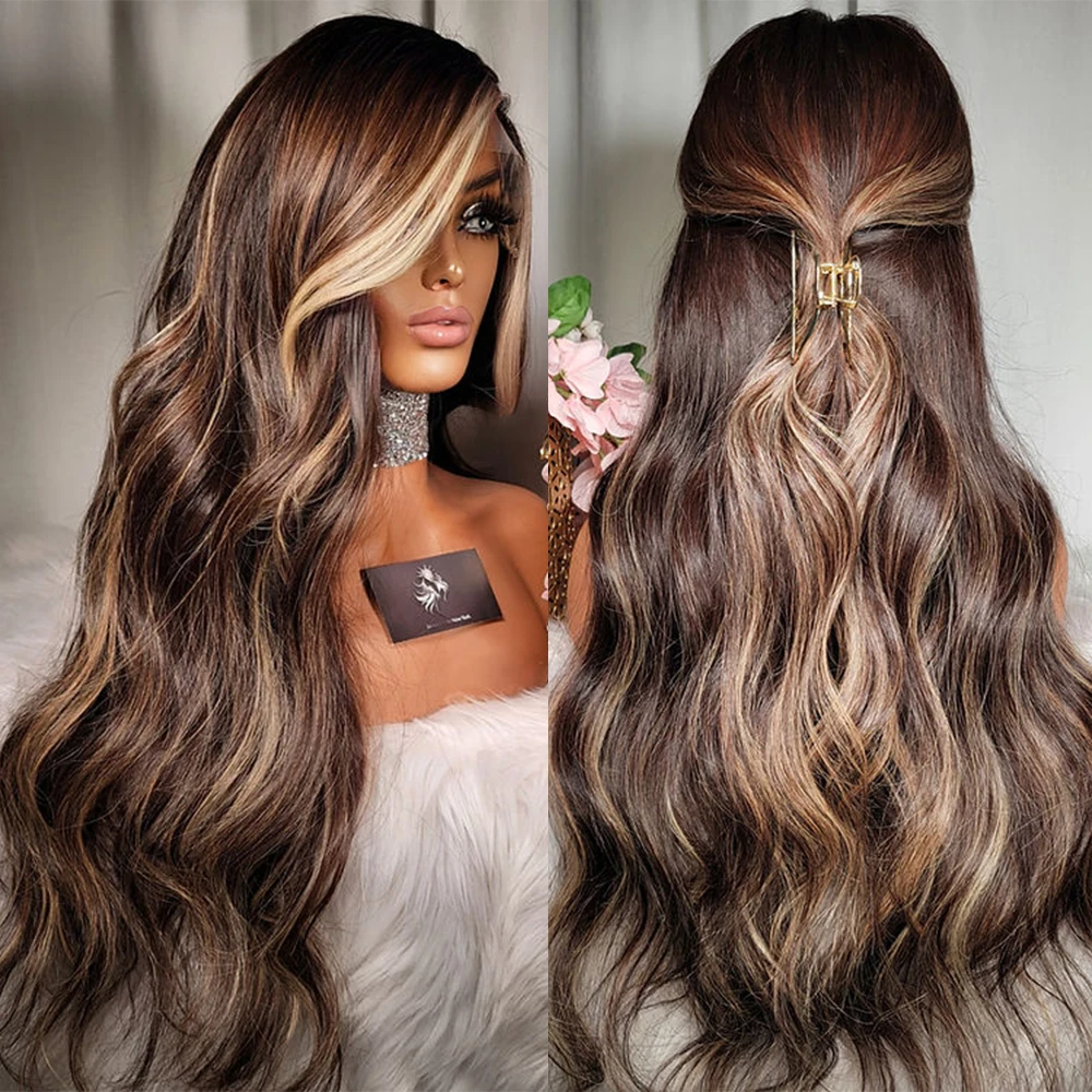 Honey Brown Blonde Long Wavy Wig 30" Ombre Brown Balayage Blonde Virgin Human Hair Full Lace Wigs Premium Hair HD Lace Front Wig image 3
