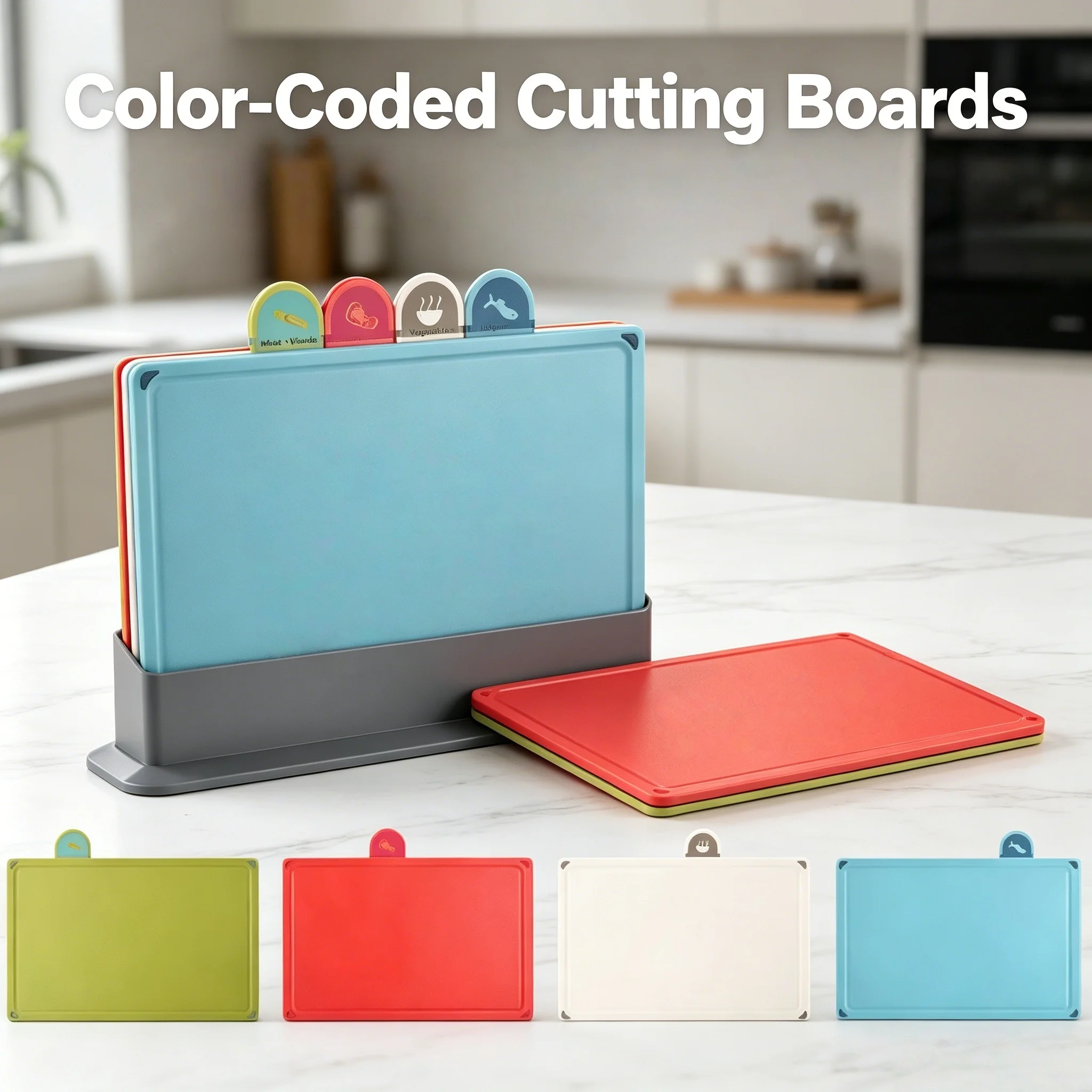 Ensemble de 4 planches à découper en plastique colorées avec support de rangement, planches à découper épaisses antidérapantes pour la cuisine à domicile, usage quotidien