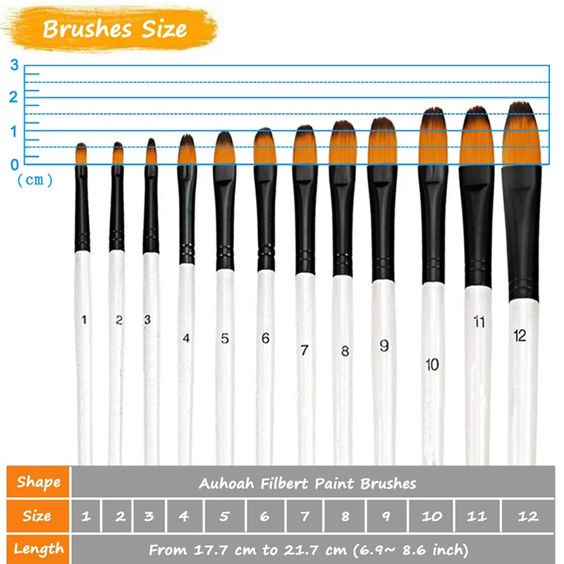 12pcs Synthetic Nylon Tip Filbert Paint Brushes Set Artist Brush for Acrylic Oil Watercolor Gouache Artist Professional Painting