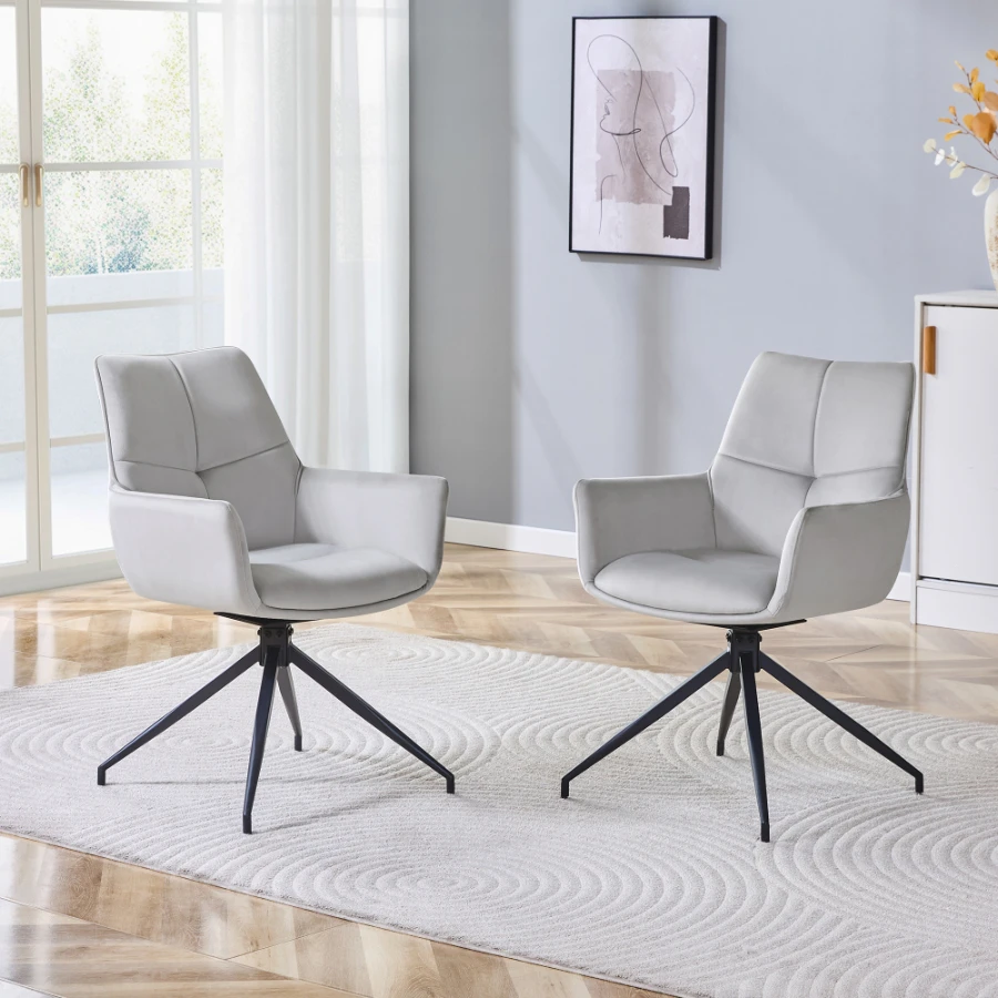 [Ensemble de 2] Chaise pivotante rembourrée de style européen (360°) ° ): tissu gris clair avec pieds en métal laqué noir ; aérien et confortable, idéal pour une salle à manger ou un salon moderne.