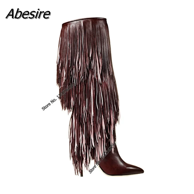 Ladies Long Fringe Tall Boots Pointed Toe High Heel Colorful Pattern Boots Party Prom Fashion Boots Gladiator T-Stage Show