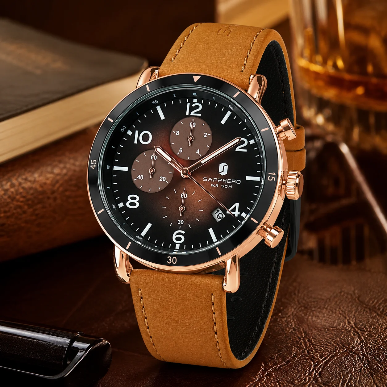 SAPPHERO Men's Chronograph Quartz Watch Stainless Steel Leather Strap Hardlex Crystal 5ATM Waterproof Date Business