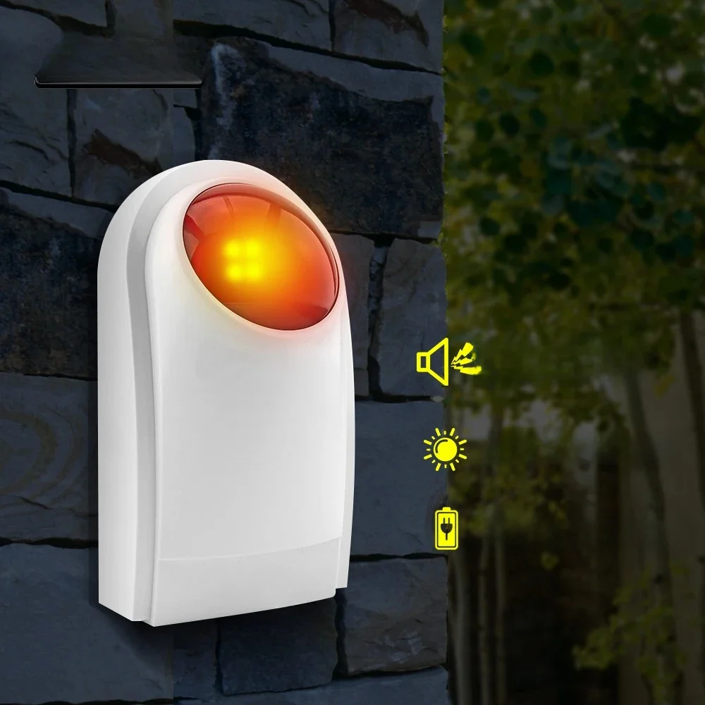 Alarm błyskowy Bezprzewodowa syrena zewnętrzna z głośnością 130 dB Wersja akumulatorowa do pracy z PG103 105 107 System alarmowy GSM do bezpieczeństwa w domu — zdjęcie 2