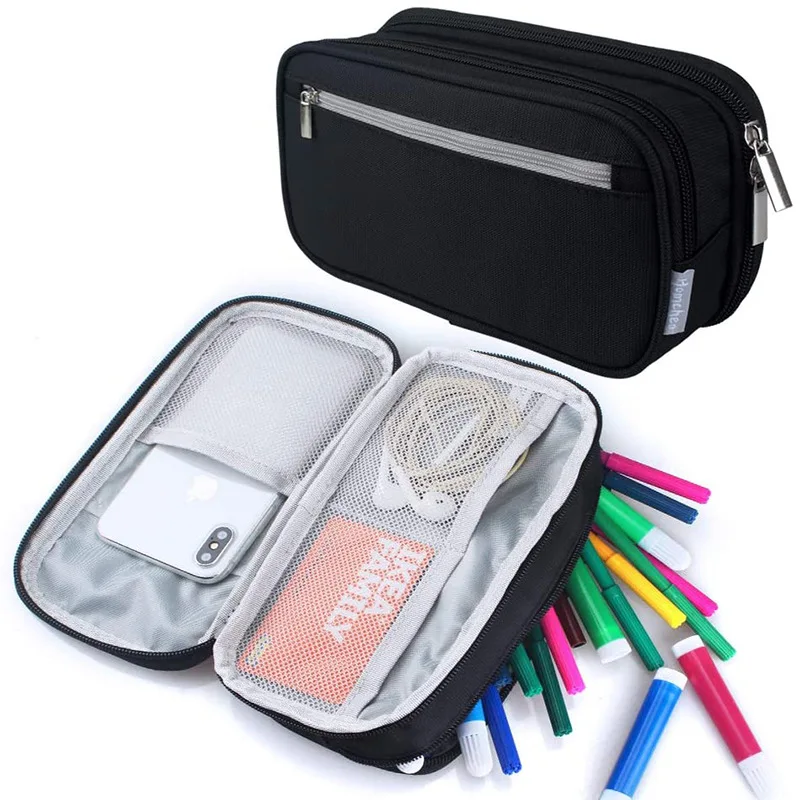 Big Capacity 3 Rooms Pencil Case Storage Bag Pen Pocket Zipper Canvas Storage Bag Learning Office Stationery Pencil Box