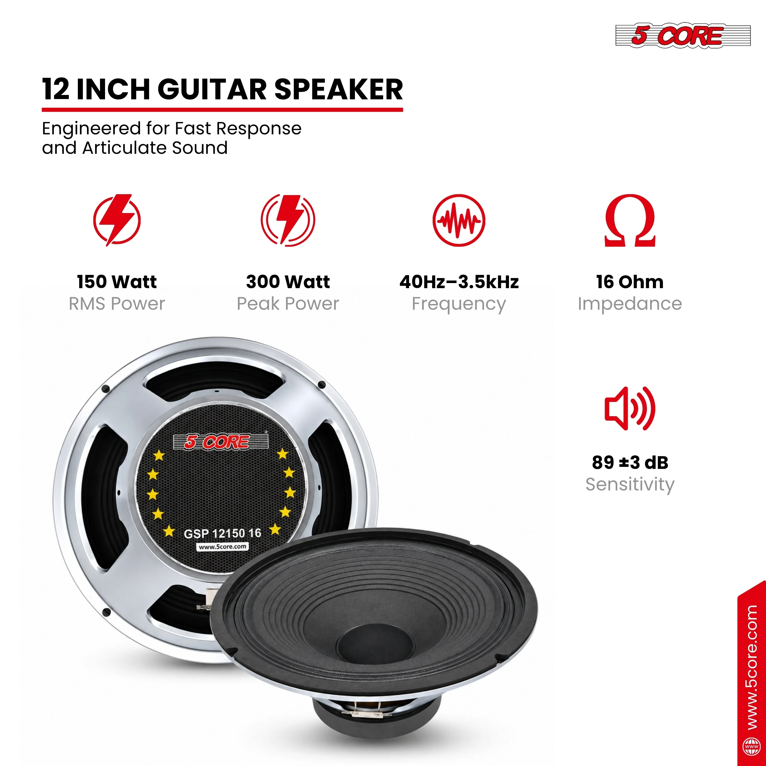 5 Core 12 Inch Guitar Speaker 300W Replacement 16 Ohm Amplifier Cabinet Driver