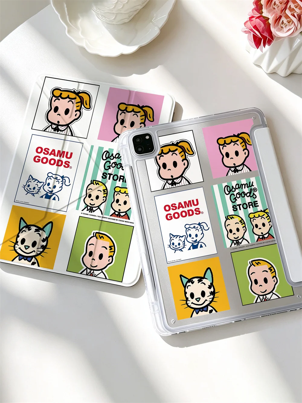 Kawaii Osamu Goods Cartoon Print Y-fold Case For iPad Air6/7/8 Pro11 2020-2022 Air4/5 10 7/8/9 Air3 A16 Pen Slot Shockproof Cove