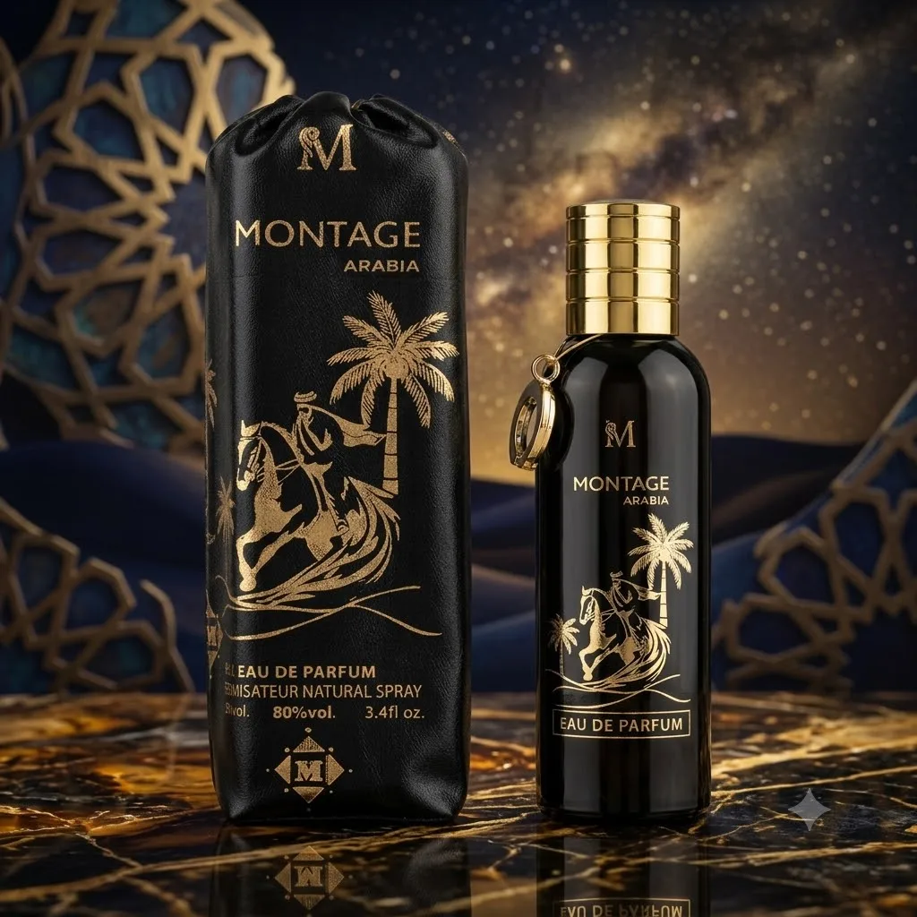 Parfum unisexe Montage Arabia 100 ml - Montage Brands. Parfum exotique oriental boisé aux notes épicées, cœur d'ambre et fond profond d'oud, de bois de santal et de cuir.