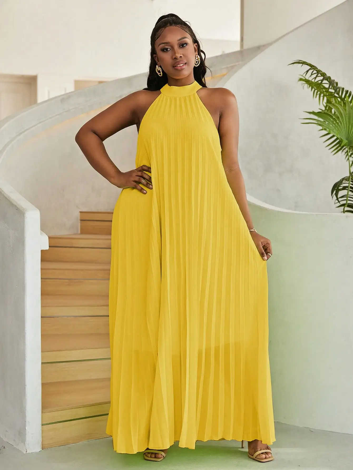 Astrid Summer Dresses for Women 2023 Halter Sleeveless A Line Plus Size Dresses Bright Solid Elegant Cute Long Dress CY0242