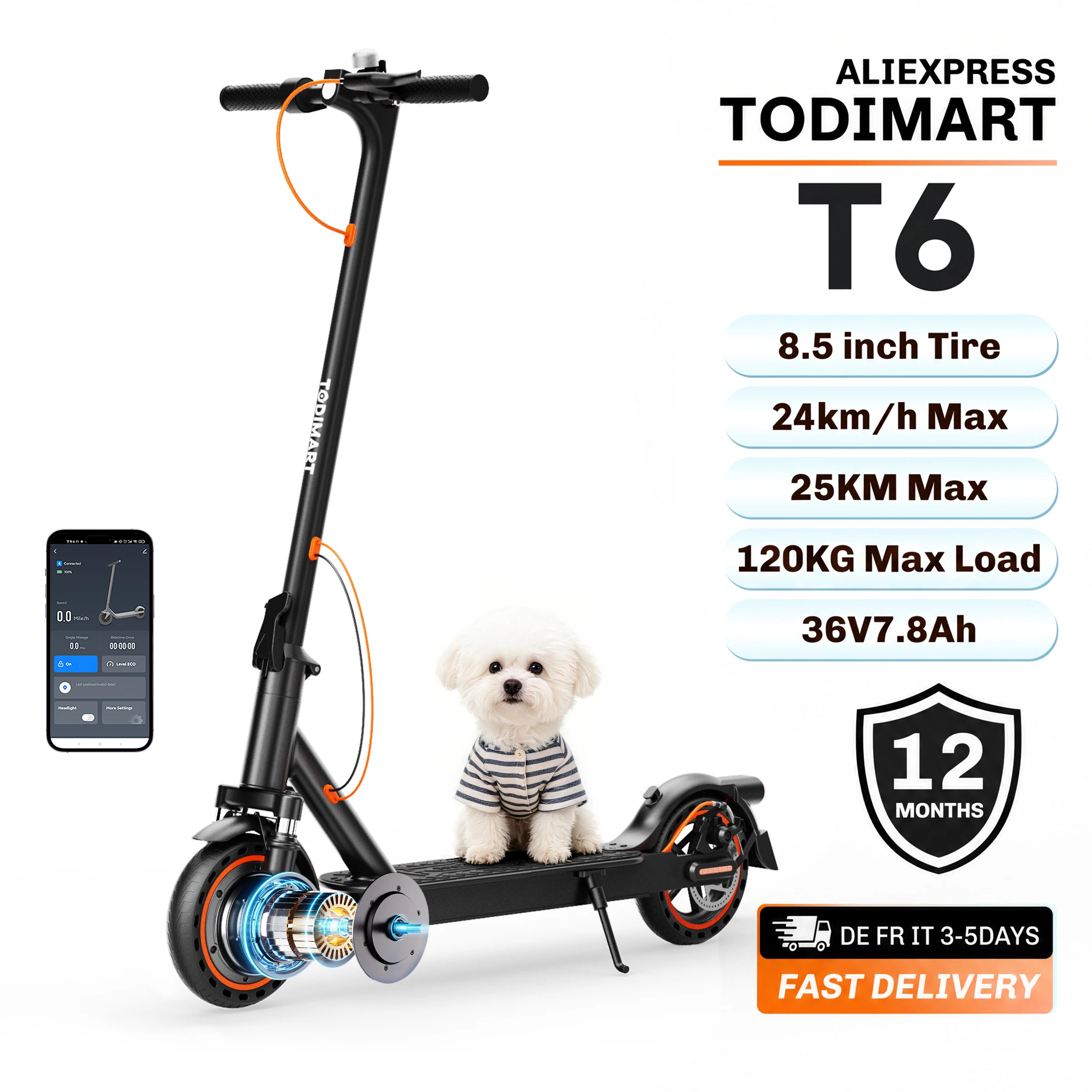 Monopattino Elettrico TODIMART T6 per Adulti, Ultraleggero con Sospensioni a Molla, Potenza 249W, Autonomia 25-30km, Velocità Massima 24.99 km/h, Controllo App, Ruote da 8,5 Pollici