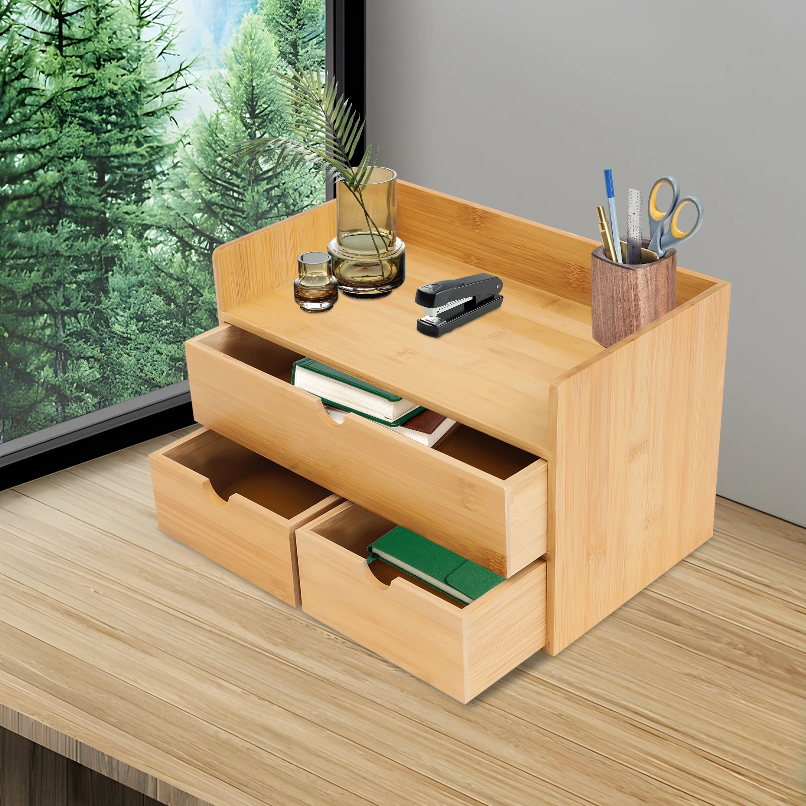 Organizador de Escritorio 100% Original de Bambú, Caja de Almacenamiento para Escritorio, Mesa, Oficina, Hogar, Artículos de Aseo (3 Cajones)