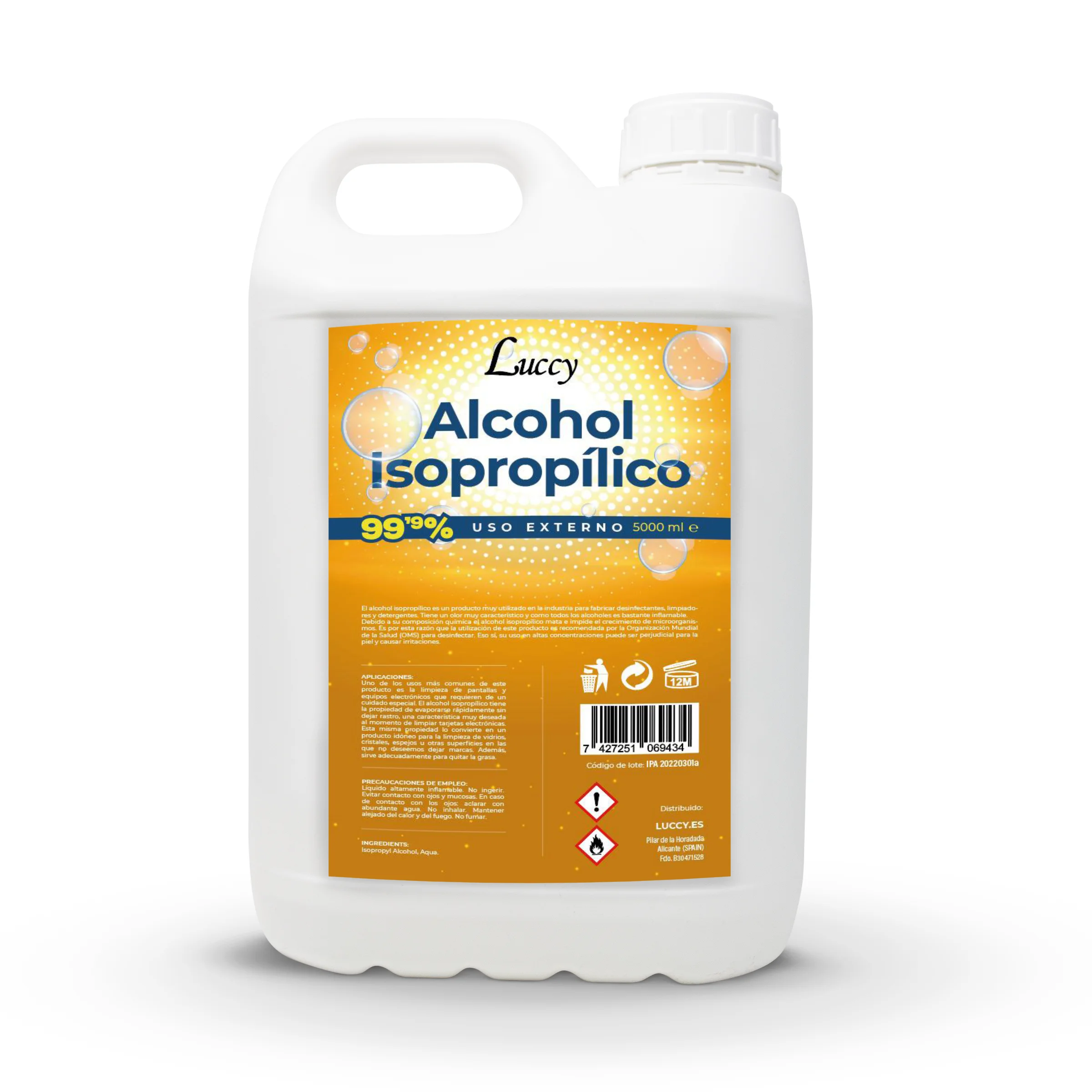 Luccy Alcohol Isopropílico 99,9% Puro | Isopropanol 99,9% Limpieza de Componentes Electrónicos, Objetivos, Pantallas, Superficies, Uso Industrial y Doméstico