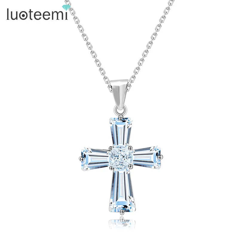 LUOTEEMI Hipop Cross Dazzling CZ Stone Necklace for Women Luxury Silver Color Fashion Girl Party Trendy Jewelry Christmas Gifts