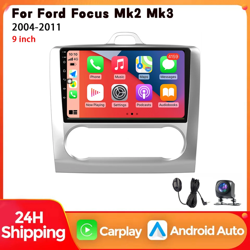 Autoradio Android per Ford Focus Exi Mk2 Mk3 (modello con scatola meccanica, 2004-2011), dotata di Carplay, 4G, Wi-Fi, GPS, RDS, DVD e sistema stereo DSP.