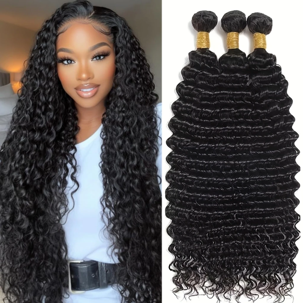 딥 웨이브 인모 1 3 묶음 딥 웨이브 묶음 100% 인모 묶음 내추럴 블랙 컬러 인모 익스텐션 여성용