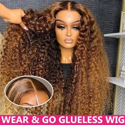 Wear matchs Go-Perruque Bouclée Ondulée Sans Colle, Postiche Ombré, Deep Water Wave, 6x4 HD, Pré-Plumé, 100%