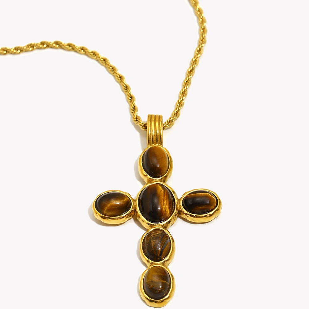 E.B.belle Stainless Steel Vintage Tiger Eye Series Jewelry Set Ring 18K Golded Plated Necklace Earring Women's Gift view 5