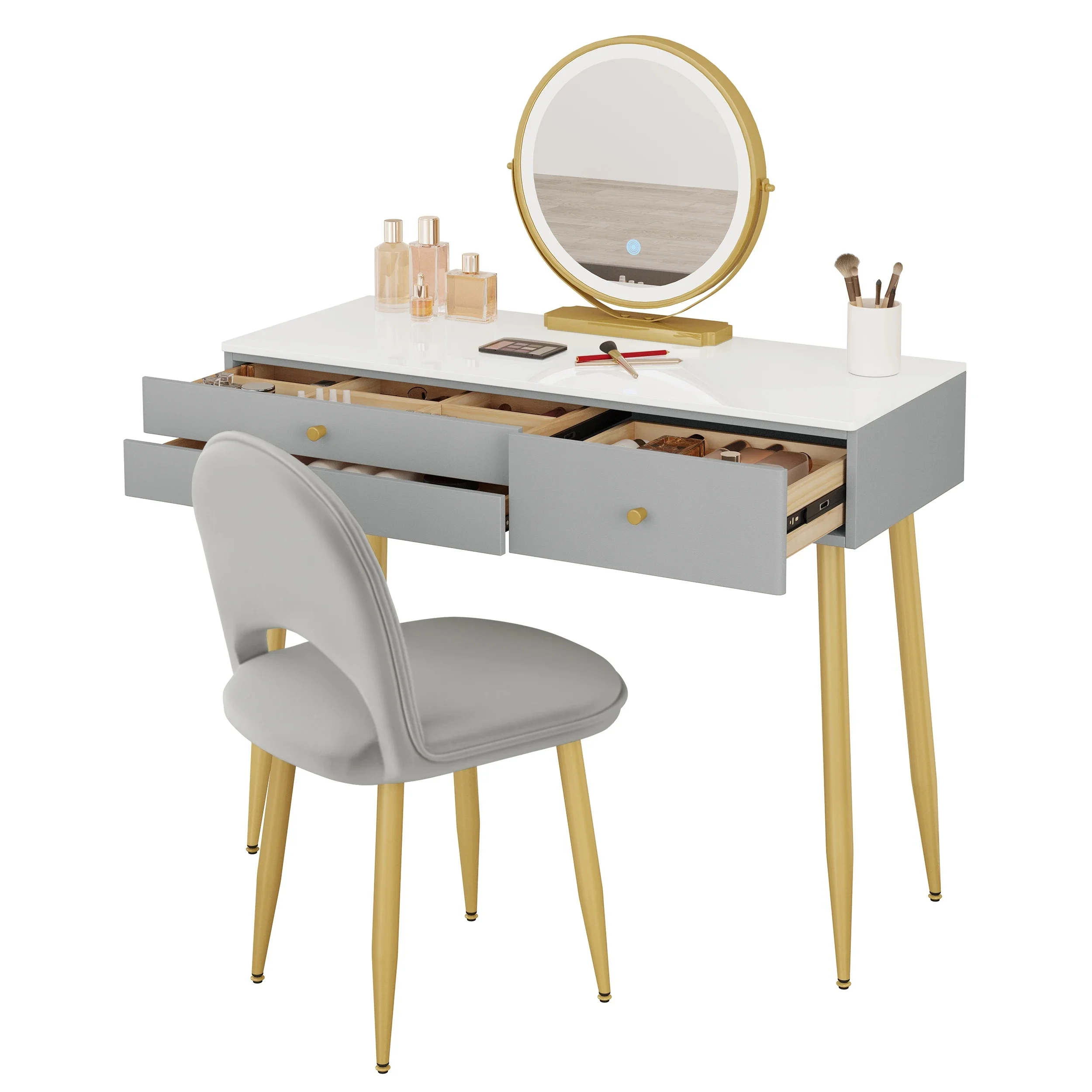 1 ensemble de coiffeuse, Table de maquillage cosmétique avec éclairage, miroir LED réglable, 3 tiroirs, tabouret en velours pour chambre à coucher